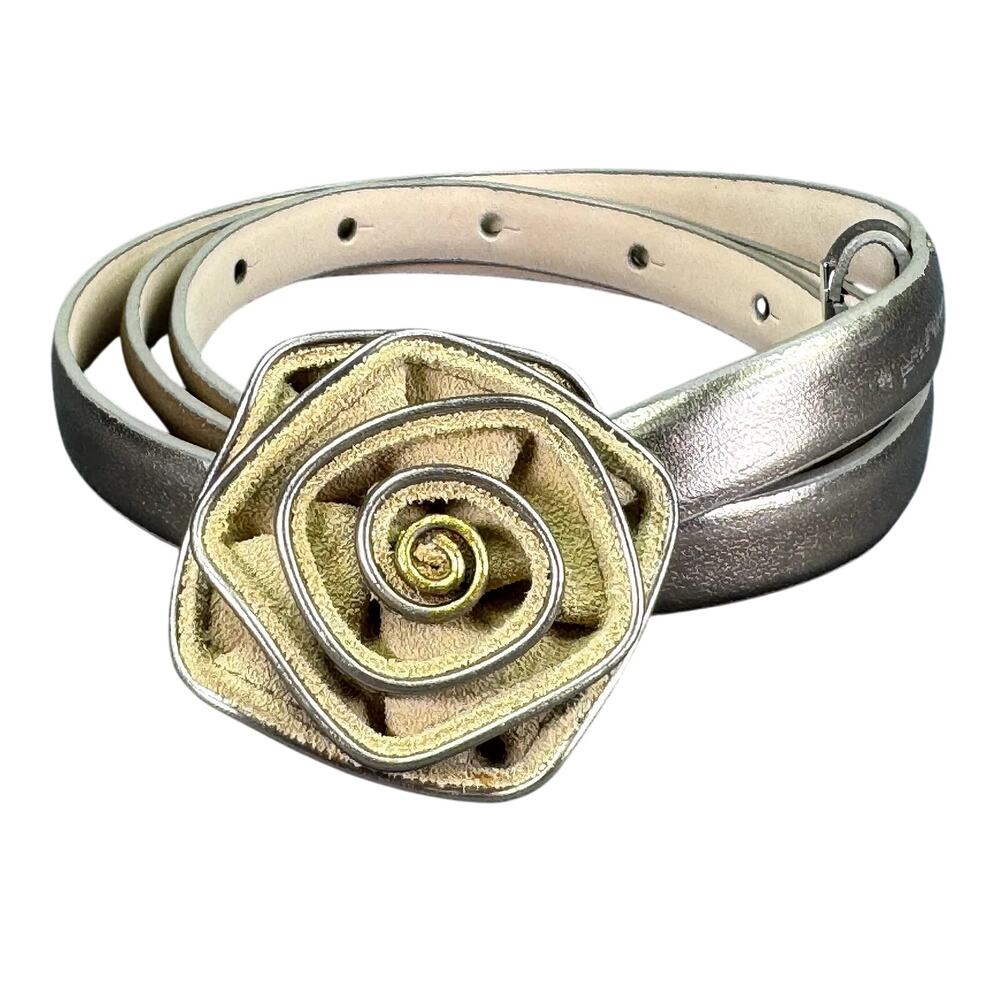 Vintage Silver Metallic Leather Flower Buckle Belt- Size Large- by Talbots